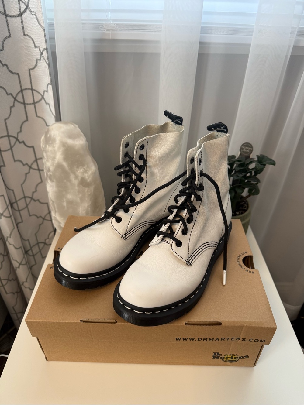 Dr. Martens White Leather Lace-Up Combat Boots with Black Trim
